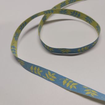 Ruban jacquard réversible et bicolore motif feuilles bleu et vert 10 mm
