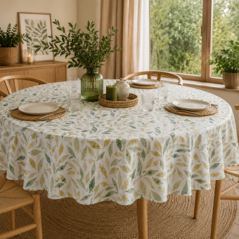 Nappe ronde en toile cirée feuilles vertes diam 180 cm