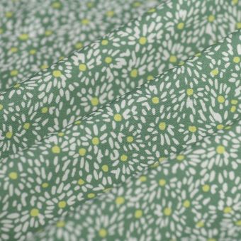 Tissu popeline viscose marguerites écru vert
