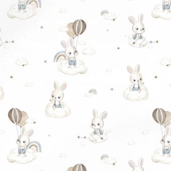 Tissu French Terry Lapin Nuage Ballons Blanc, coupon 1m x laize (145cm)