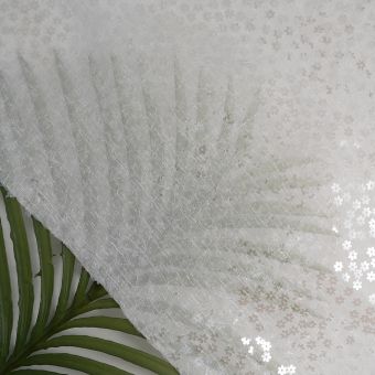 Tissu voile polyester sequins fleurs blanc