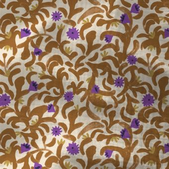 Tissu double gaze arabesque fleuri façon block print écru