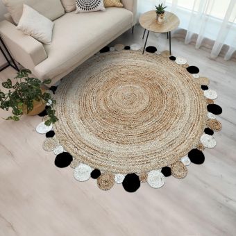 Tapis rond JT RONDI , tapis jute artisanal, Beige, noir, écru