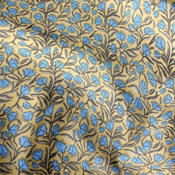 Tissu voile de coton imprimé fleur indienne multi bleu jaune