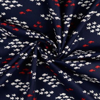 Tissu popeline coton banc de poissons marine et rouge