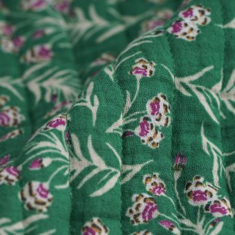 Tissu matelassé double gaze bouquet vert