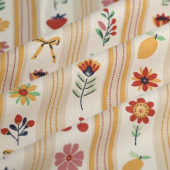 Tissu cretonne rayures mini motifs multicolore