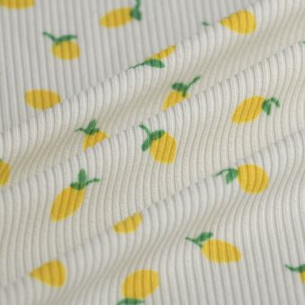 Tissu côte fantaisie polyester extensible citrons écru