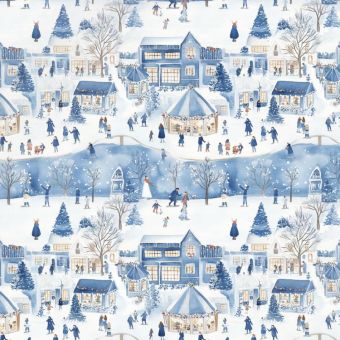 Tissu French Terry Noel Joyeux Village Bleu, coupon 1m x laize (145cm)