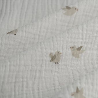 Tissu double gaze oiseaux beige écru