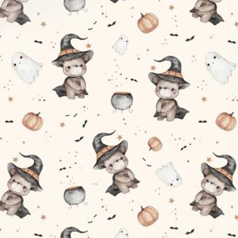 Tissu Softshell Ourson Adorable Halloween Crème, coupon 1m x laize (145cm)