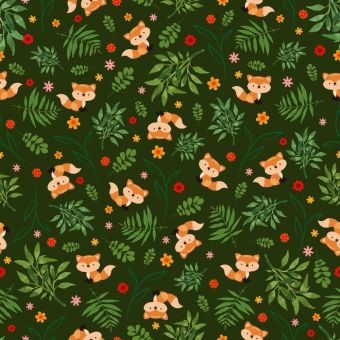 Tissu patchwork renard fond vert