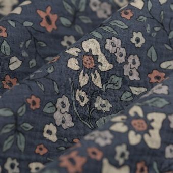 Tissu double gaze florale marine