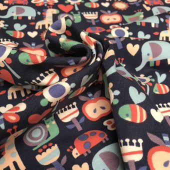 Tissu jersey animaux et fruits bleu marine