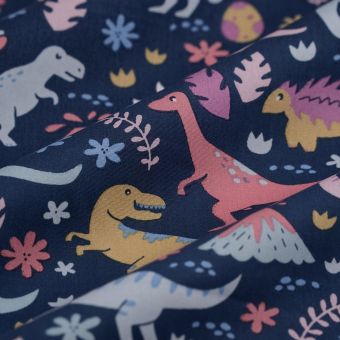 Tissu popeline coton Dinosaure floral marine