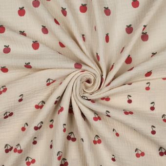 Tissu double gaze pommes rose écru