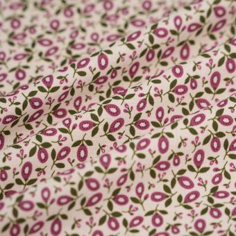 Tissu twill coton fleur ovale rose écru