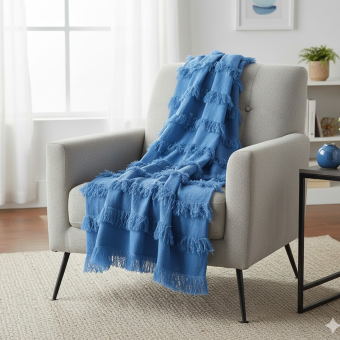 Plaid à franges bleu 130 x 160 cm