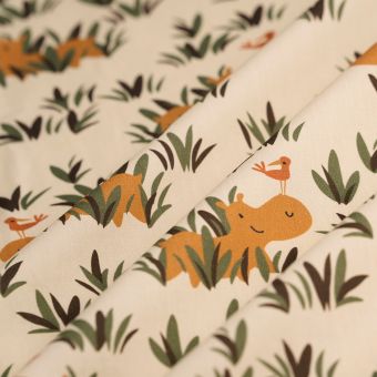 Tissu popeline coton hippo oiseau beige