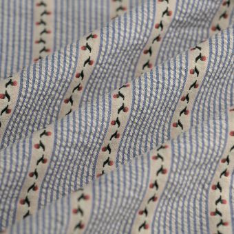 Tissu Seersucker rayure fleur bleu