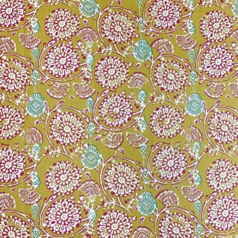 Tissu cretonne enduite motif moutarde éventails indiens blanc rose