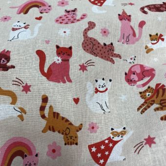Tissu cretonne imprimé pacha le chat rose