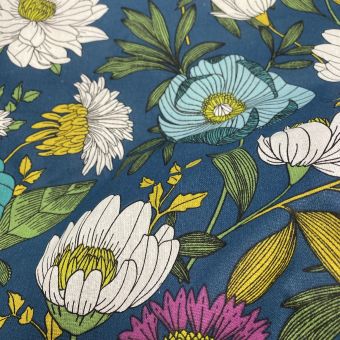 Tissu cretonne enduit fleur XXL bleu
