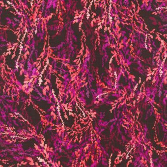 Tissu coton noir imprimé feuillage corail fuchsia