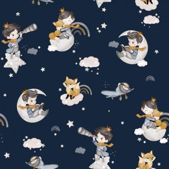 Tissu Double Gaze Petit Garcon Prince Bleu, coupon 1m x laize (145cm)