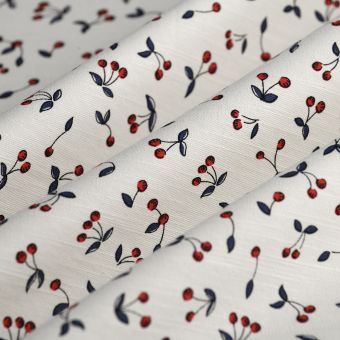 Tissu twill coton cerises rouge écru