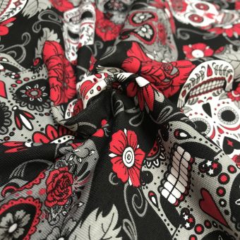 Tissu jersey de coton Dia de la Muerte rouge noir
