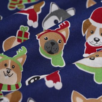 Tissu de Noël cretonne Christmas dogs marine
