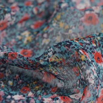 Tissu mousseline polyester recyclé Garden bleu