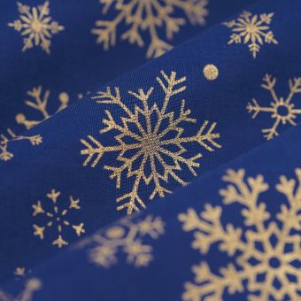 Tissu de Noël cretonne flocon d'or bleu 