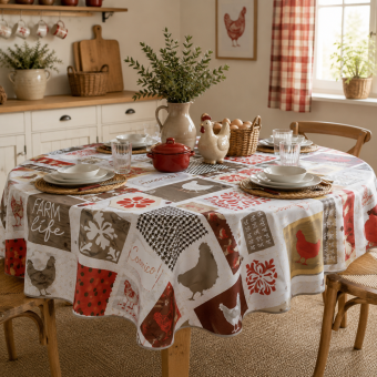 Nappe ronde en toile cirée poule rouge diamètre 180 cm
