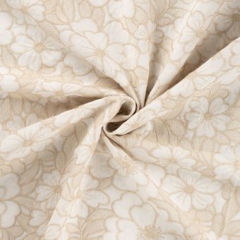 Tissu coton brodé grande fleur feuillage écru