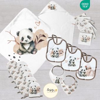 Kit couture naissance motif panda – panneau tissu cape de bain, bavoirs et lingettes