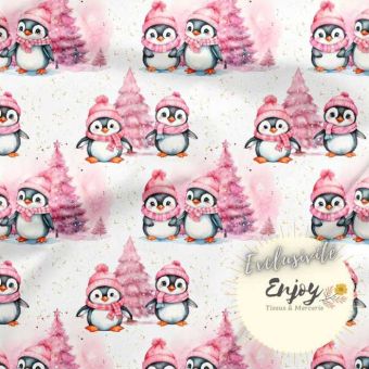 Tissu Jersey Animaux Banquise Pingouin rose vendu par mètre