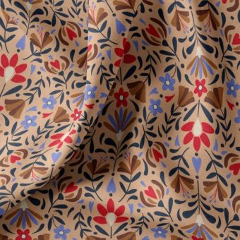 Tissu cretonne fleur colorée naïve fond blush