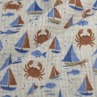 Tissu double gaze voilier animaux marins tricolore