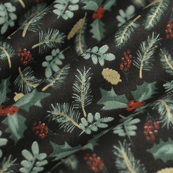 Tissu bachette de Noël houx sapin noir 