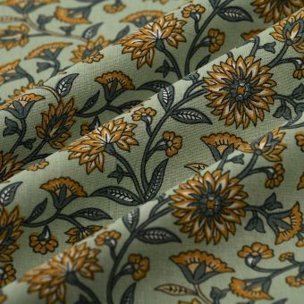 Tissu cretonne block print Boho vert 