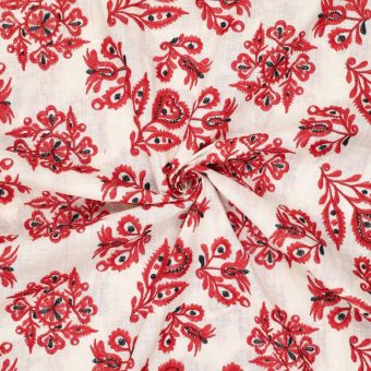 Toile coton écru slub brodée fleurs indienne rouge rouge