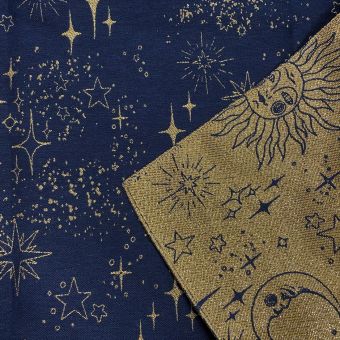 Tissu jacquard réversible bleu marine et doré imprimé astral - 145 cm