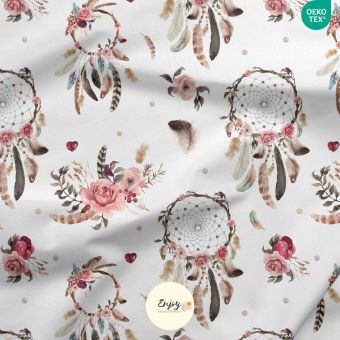 Tissu Minky Lisse  Attrape-Rêves et Fleurs Rose vendu au mètre