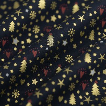 Tissu cretonne de Noël mini sapins coeur bleu