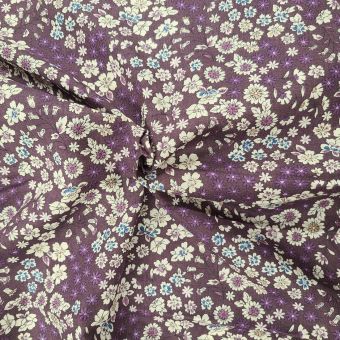 Tissu voile coton prune imprimé fleuri écru - Frou Frou