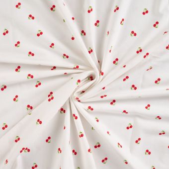 Maille jersey coton imprimée petite cerise rouge écrue