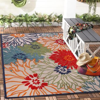 Tapis extérieur tissé kilim rectangle CHIMEKA, bleu, beige, orange, rouge