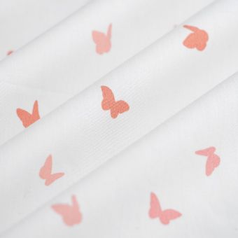 Tissu popeline coton papillon rose blanc